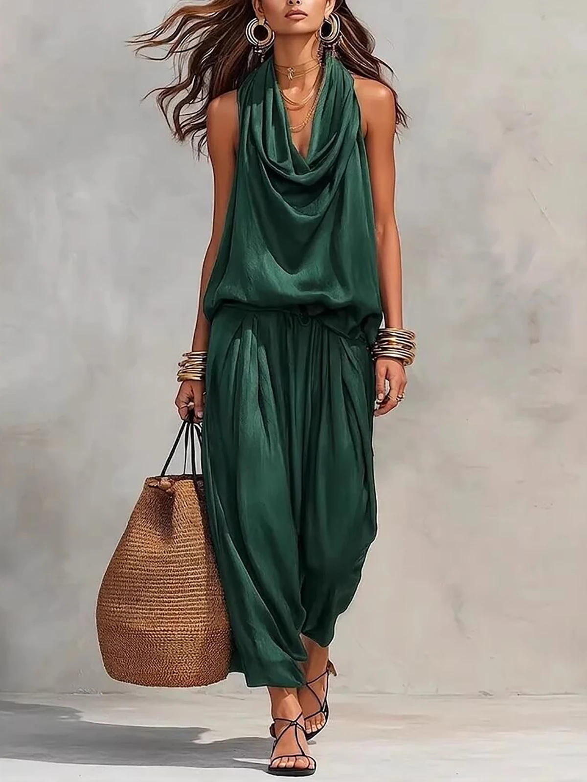 Damen Zweiteiliges Set mit Mehrschichtigem Neckholder-Oberteil und Weiter Hose - Einfarbiges Ärmelloses Sommer-Outfit – Detail 4