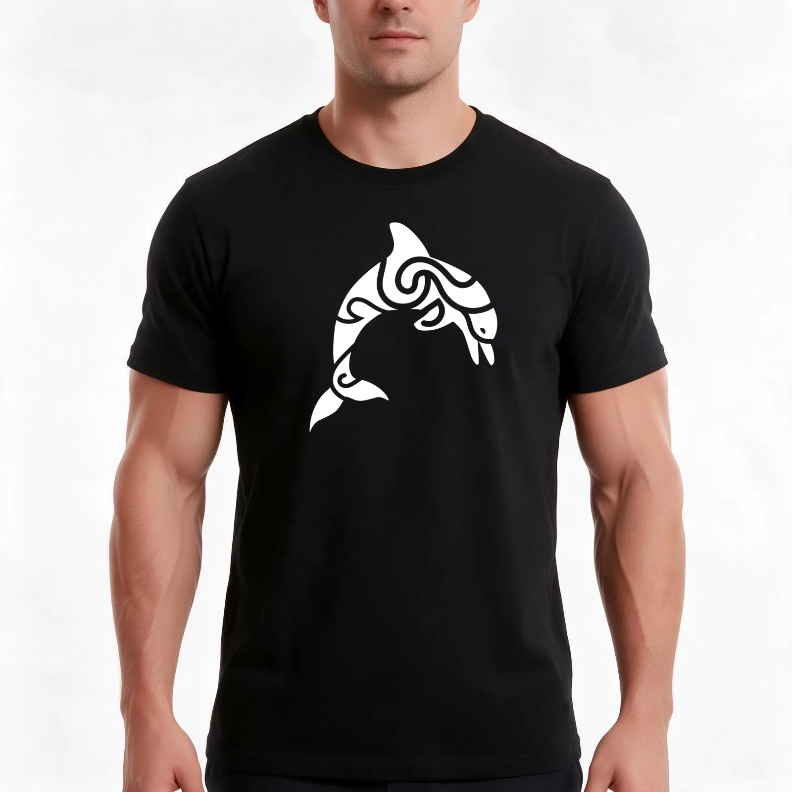 Tribal Dolphin T-Shirt, Summer Casual Cotton Tee, Oversized Streetwear Tops, Vintage Graphic Print, Loose Fit Short Sleeve