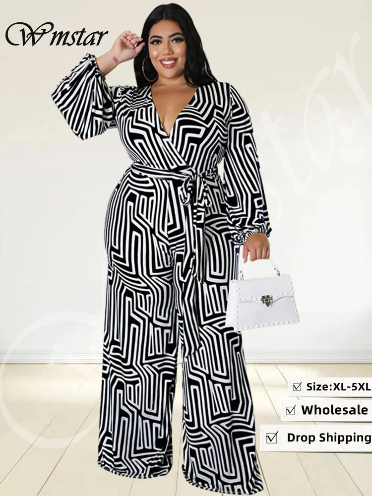 Wmstar plus size damesprint jumpsuit zomer eendelig bedrukt met veters casual bodysuit hot sale groothandel dropshipping