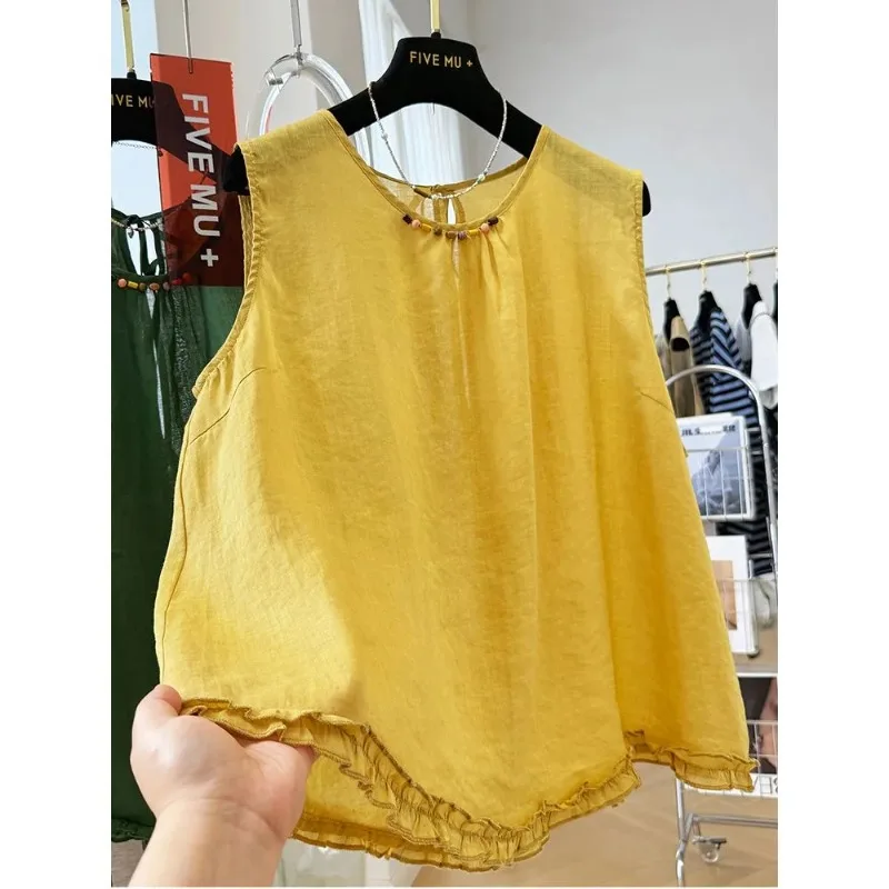 

Women's Linen Sleeveless Blouse Casual Round Neck Ruffle Hem Loose Fit Breathable Tank Top Summer Daily Wear