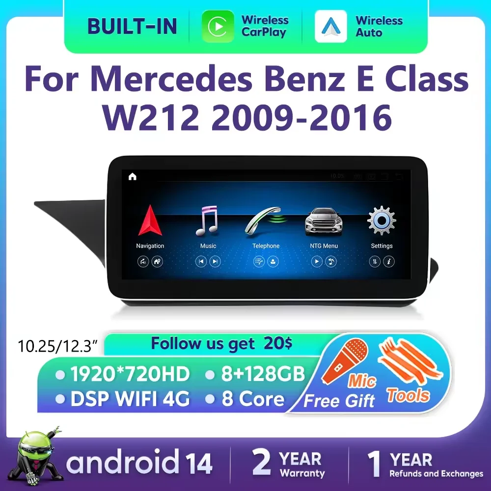 

Android 14 Wireless CarPlay Auto Radio For Mercedes Benz E Class W212 2009-2016 Car Multimedia Player Navigation GPS DSP 4G
