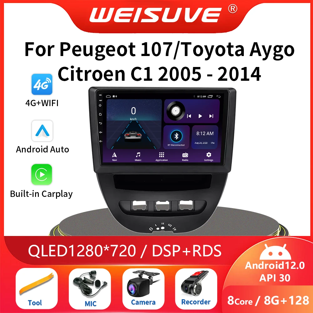 Android 13 For Peugeot 107 Toyota Aygo Citroen C1 2005-2014 Car Radio Multimedia Player Navigation GPS CarPlay Stereo autoradio