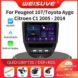 Radio Multimedia con GPS para coche, reproductor con Android 13, CarPlay, estéreo, para Peugeot 107, Toyota, Aygo, Citroen C1, 2005-2014