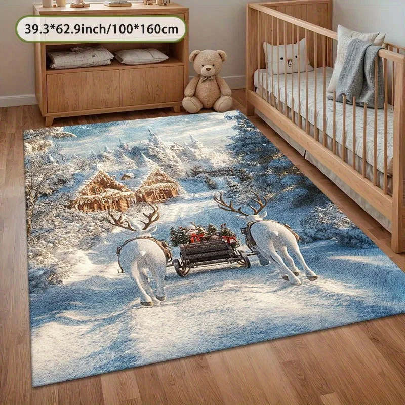 1pc Luxury Soft Winter Scene Area Rug for Living Room, Machine Washable, Jumbo Sizes, Flat Weave, No Rug Pad Required