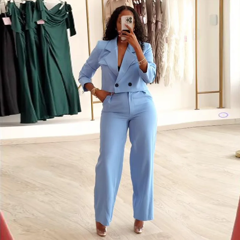 Prowow Two Piece Office Lady Suits Solid Color Fashion Cropeed Brazers Wide Leg Pant Spring Fall Women's Clothing Set Slim Fit