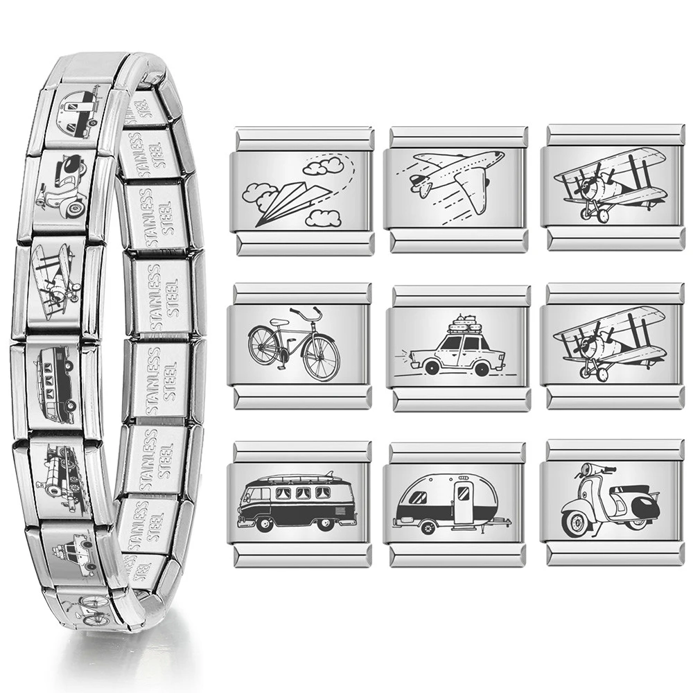 1pc Fit 9mm Italian Charm Bracelet Link Travel Bicycle Car Aircraft Train Laser Pattern Stainless Steel Jewelry DIY Accessories
