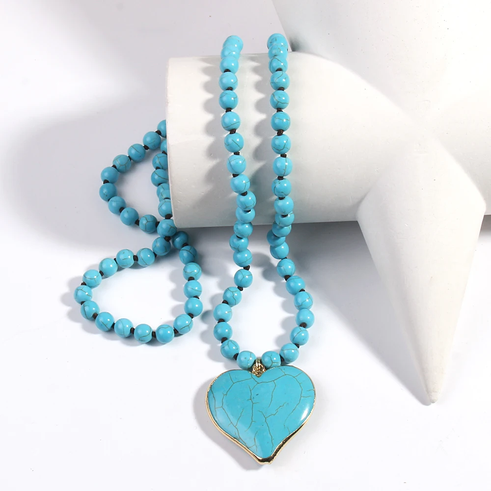 Fashion Bohemian Jewelry Accessory 8mm Blue Stones Knotted With Stone Heart Pendant Necklaces For Women Boho Necklace