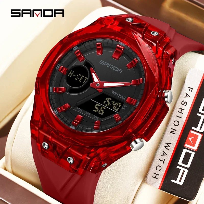 SANDA Fashion Electronic Quartz Watches for Man Dual Display Students Luminous Alarm Clock Sports Waterproof LED Digital Watch