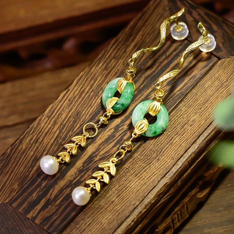 

Серьги-пончики из натурального нефрита класса А, серебро 925 пробы, пресноводный жемчуг, длинные серьги с пряжкой в этническом стиле