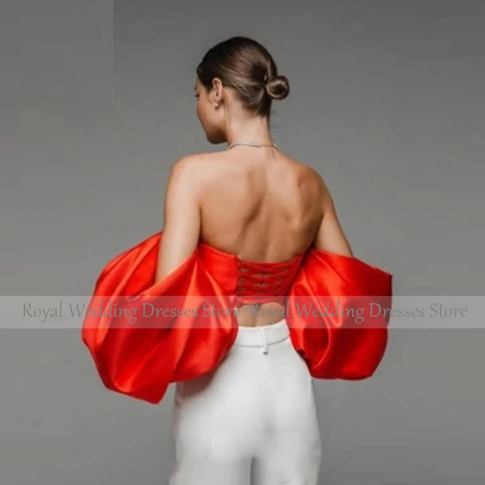 Abito sexy in raso rosso per donna con spalle scoperte e maniche a sbuffo sul retro, abito da festa con lacci