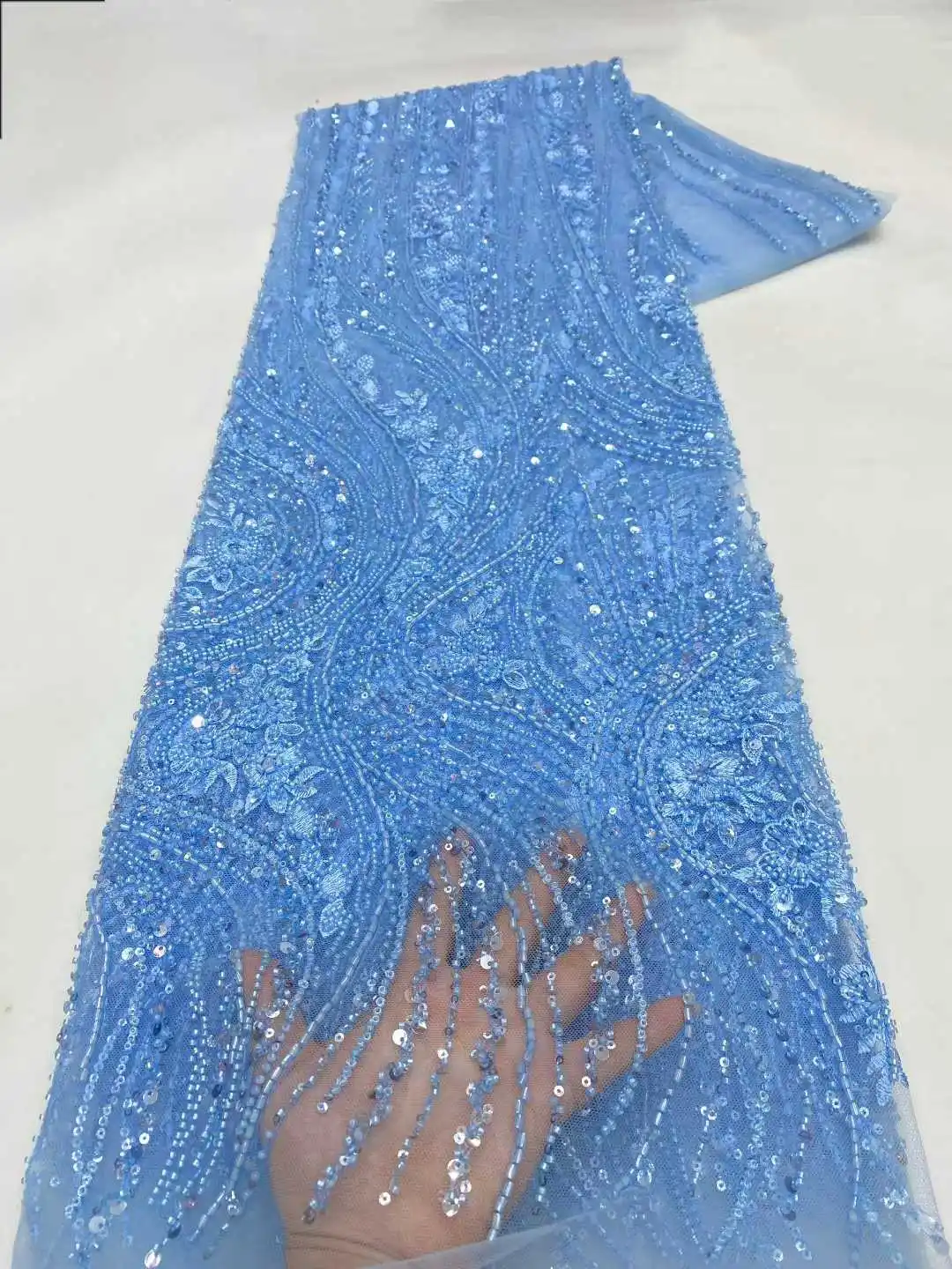 French Mesh Bridal Lace Fabric with African Sequins Beads for Women Nigerian Style Wedding Dress Sewing Hot Sale