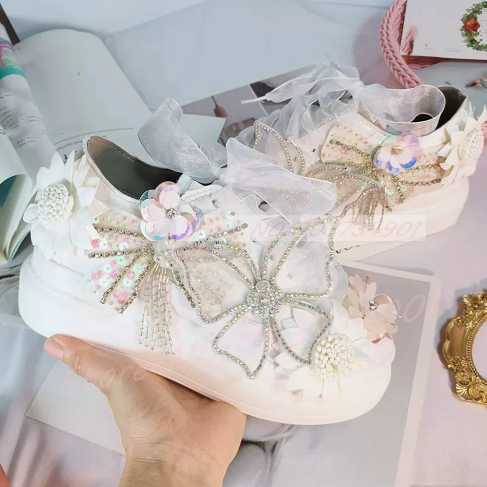 Women Butterfly Platform Canvas Sneakers Crystal Flower Sequin Tassel Ribbon Bow Lace‑up Shoes Lovely Lolita Style Casual Shoes