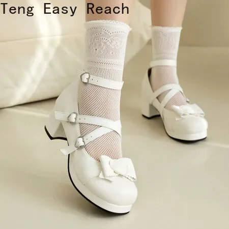 2024Women High Heels Cross Strap Mary Jane Pumps Party Wedding White Pink Black Ruffles Bow Princess Cosplay Lolita Shoes34-48