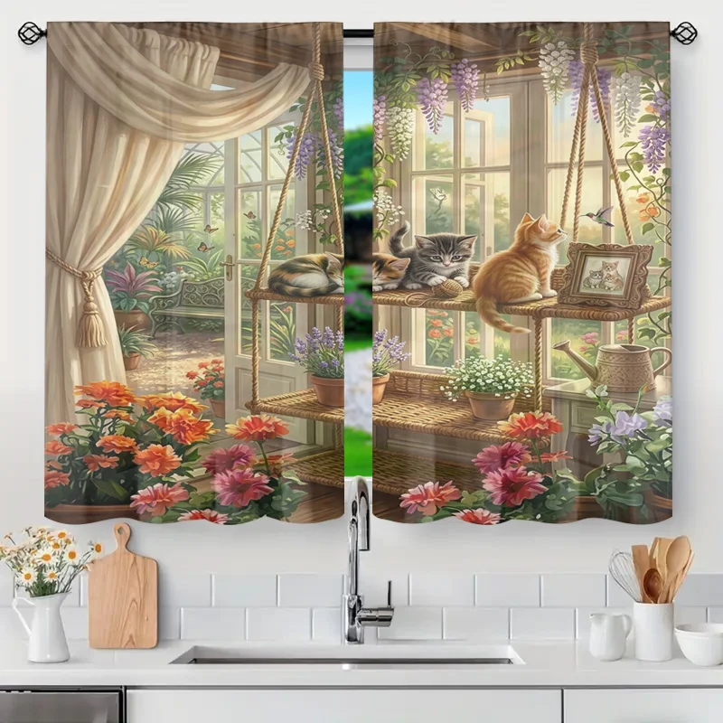 Whimsical Cat Garden Greenhouse Curtain Drapes Nature Lovers Window Filter Curtain Panel for Kitchen Bathroom Home Decor