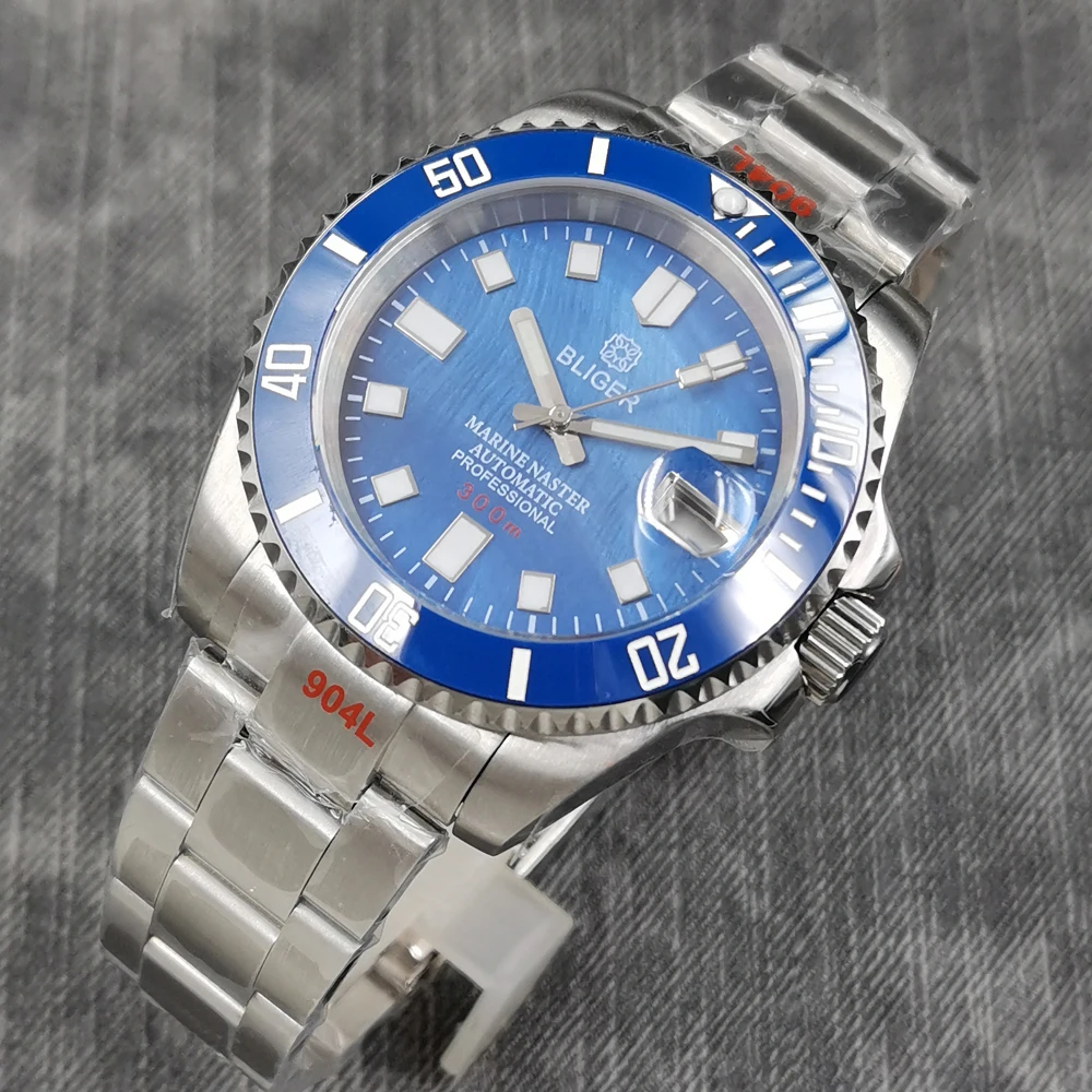 

40MM Bliger Business Blue Dial Luminous Mechanical Man Watches Sapphire glass Ceramic bezel NH35A Automatic Mens watch