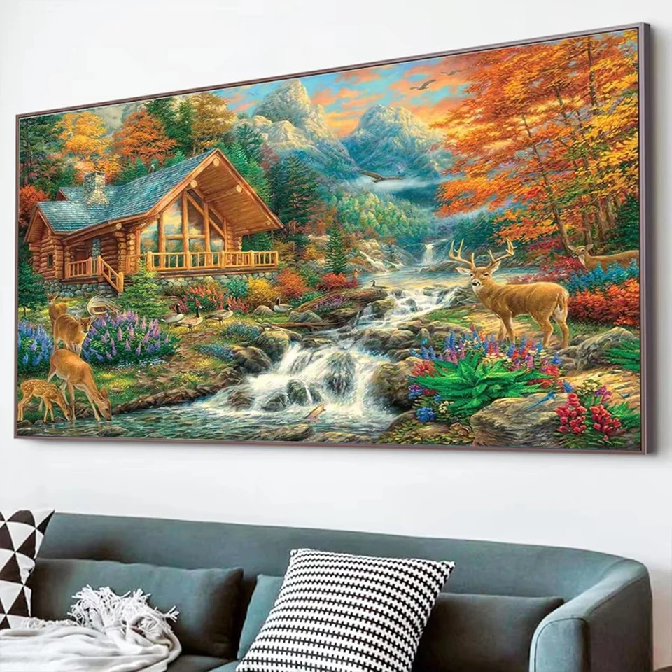 5D Diamond painting Flowing waterfall cross stitch diamond embroidery rural villa mosaic deer duck handmade gift big size decor