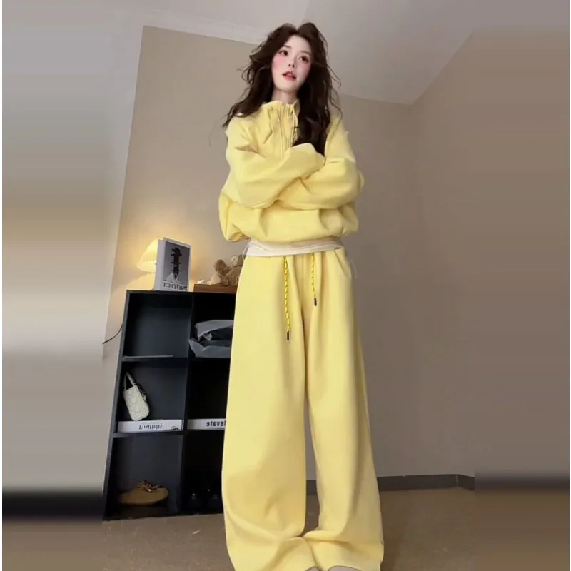 

Casual Half-zipper Sweater Two-piece Set Women's Spring Autumn Yellow Sports Comfortable Straight Trousers Set Exquisite Simple