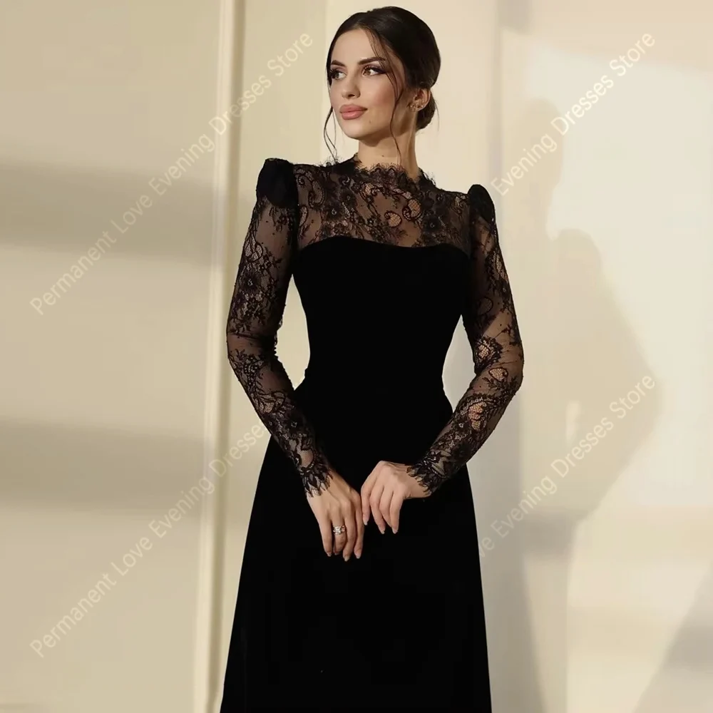 Formele Zwarte Vrouwen A-lijn Avondjurken Elegant Kant Lange Mouwen Prom Jassen Cocktail Party Vestido Para Mujer 2026 Aangepaste