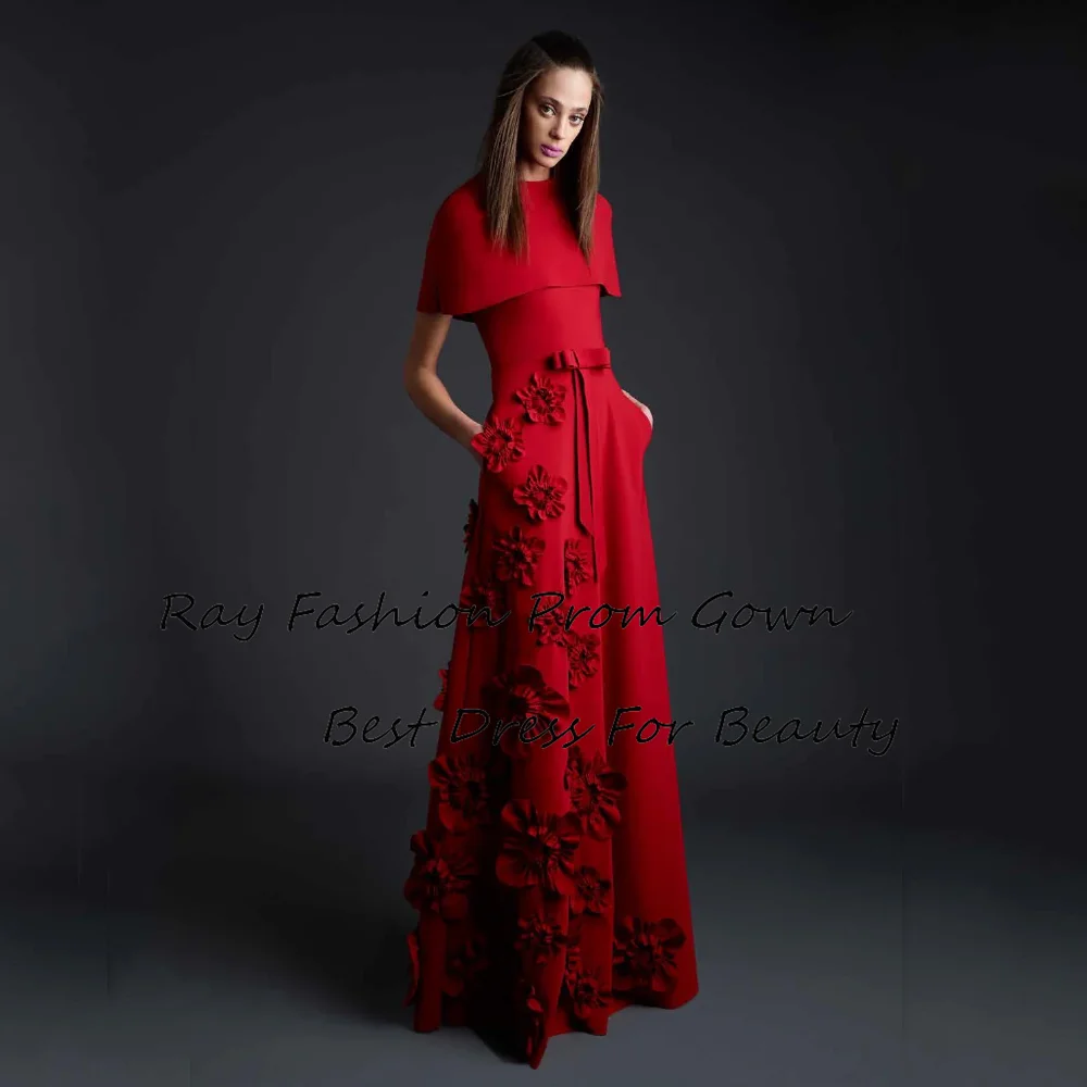 

Ray Fashion A Line Evening Dress O Neck With Short Sleeves Handmade Flowers For Women Formal Occasion Party Gowns فساتين سهرة