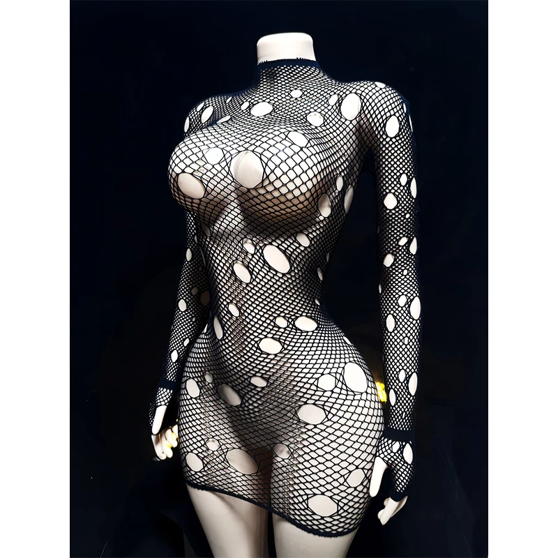 

1PC Women Fishnet Cover Up Without Bikini Sexy Lingerie See Through Hollow Out Bodycon Dress Long Sleeve Beachwear W525