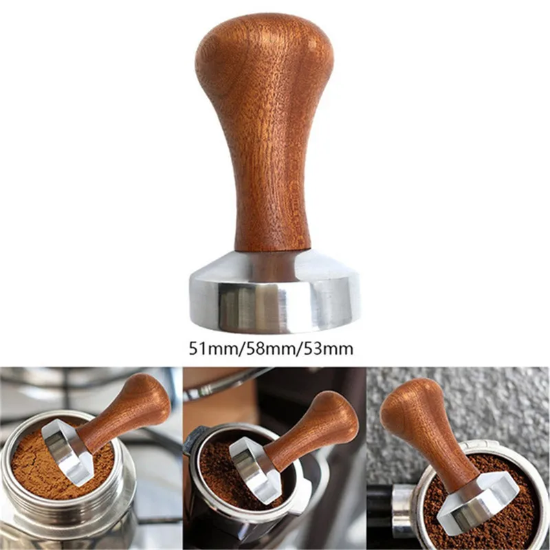 51/53/58mm Espresso Coffee Tamper Aluminum Coffeeware Distributor Leveler Tool Bean Press Hammer with Wooden Handle Bar Tool New