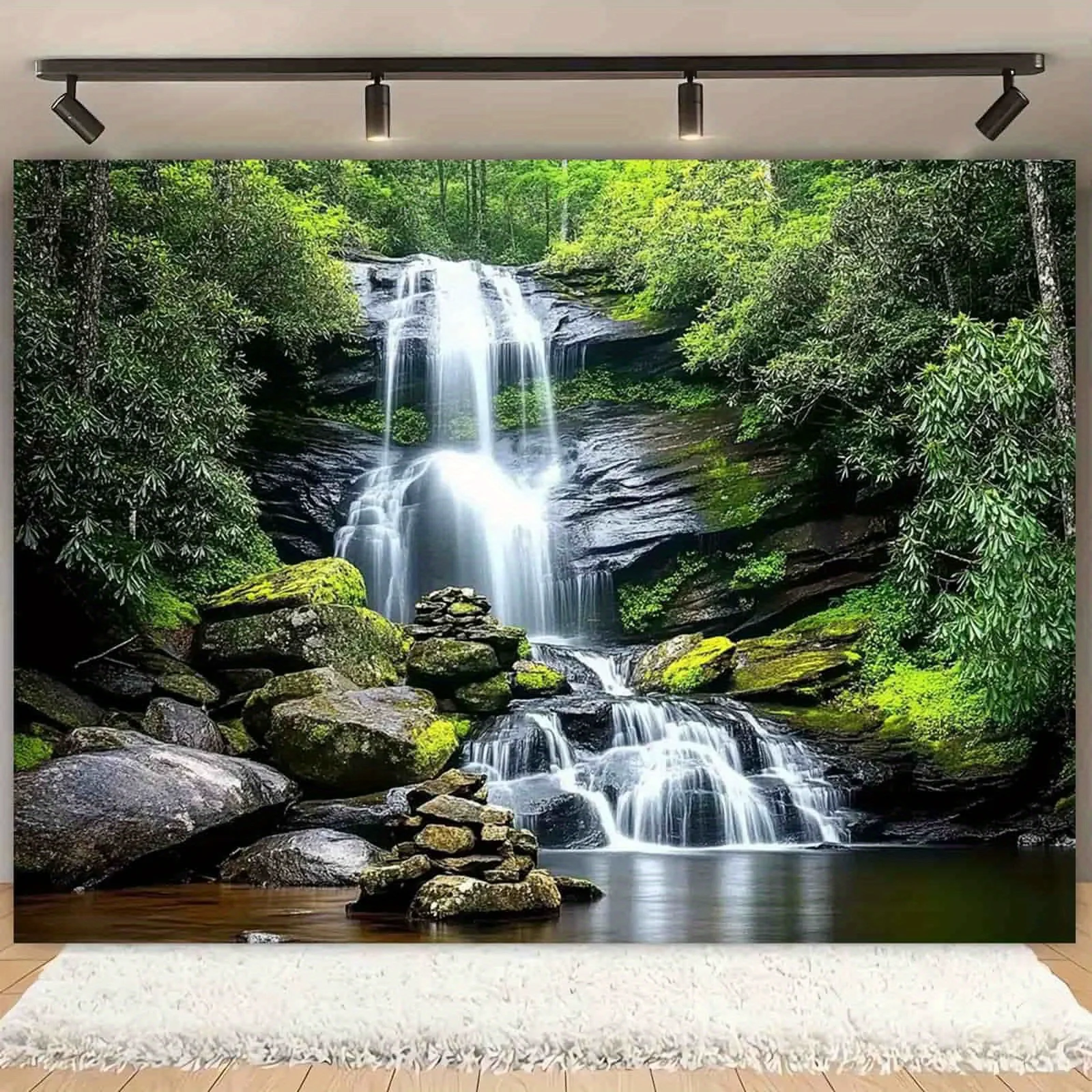 1-teilige Waldwasserfalllandschaft – Polyester, Hintergrundstoff für Hochzeiten, Geburtstage und Festivalspartys
