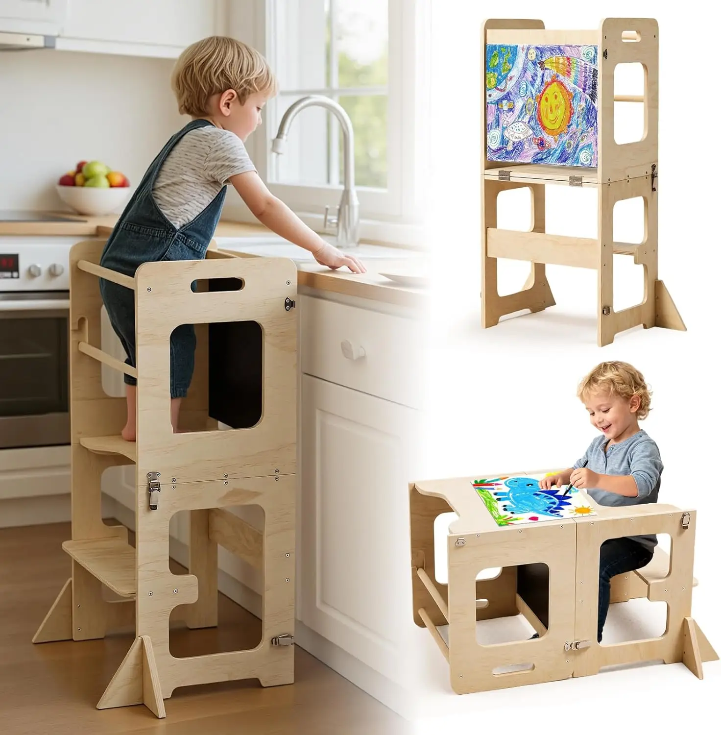 

Foldable Montessori Learning Tower with Blackboard, Anti-Tip Design, Wooden Step Stool for Toddlers 1-3 Years Old
