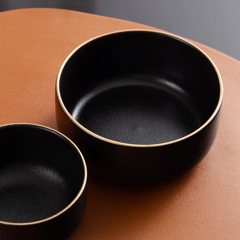 Tableware 4.5 Inch 6 Inch Japanese Style Black Frosted with Golden Edge Bowl Ceramic Bowl Household Salad Bowl Kitchen Supplies