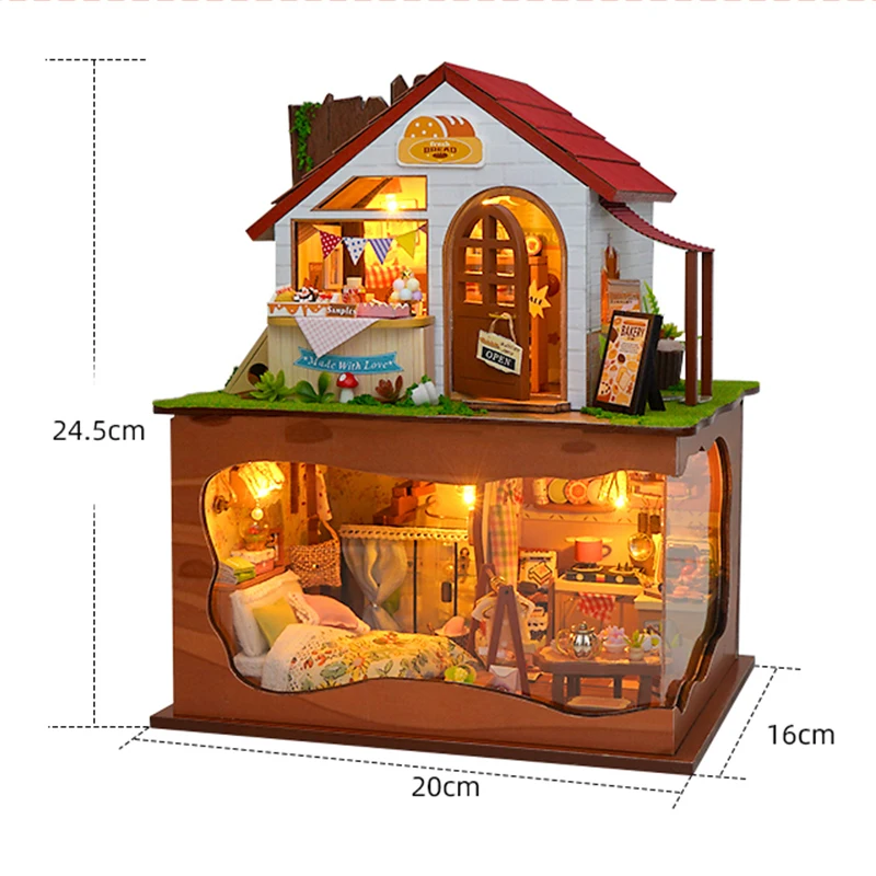 DIY Bakery Store Casa Houten Miniatuur Model Kit 3D Puzzel Poppenhuizen Met Meubels Poppenhuis voor Vrienden Verjaardagscadeaus