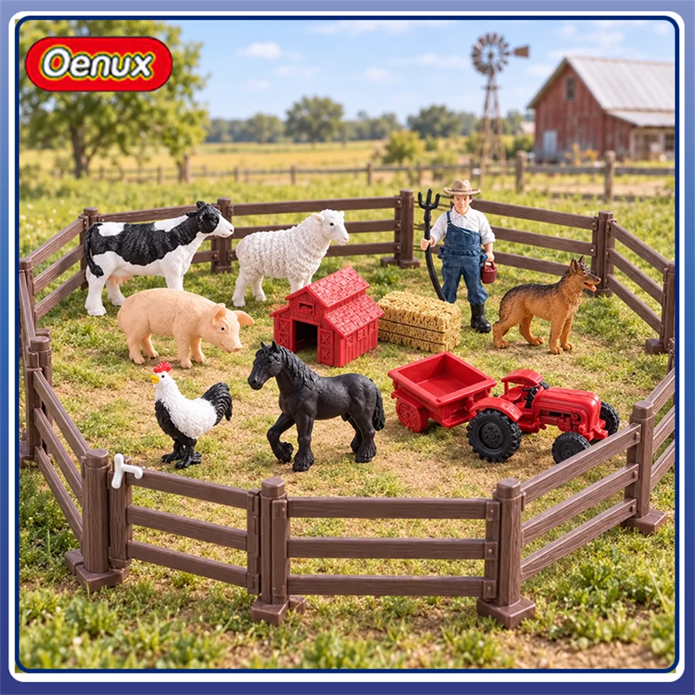 Oenux Realistic Farm Animal Figurine Solid Plastic Model Miniature Fence Set Cow Horse Sheep Poultry Decor Ornament Toy