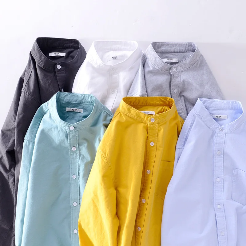 Spring and Autumn Oxford Casual Stand Collar Shirt Men\'s Cotton All-Matching Comfortable Long Sleeve White Solid Color Shirt