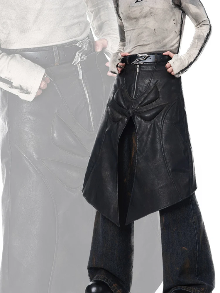 Mauroicardi Spring Autumn Cool Black Pu Leather Calf-Length Twisted Belted Pants for Men Luxury Designer Punk Style Clothes 2025