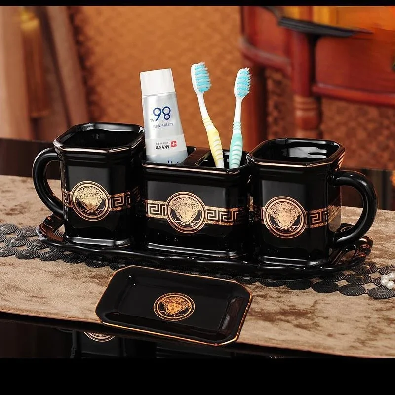 Bathroom Accessories Set Ceramic Soap Dispensers Toothbrush Holder Gargle Cups With Tray Trash Can Tissue Box Wedding Gifts