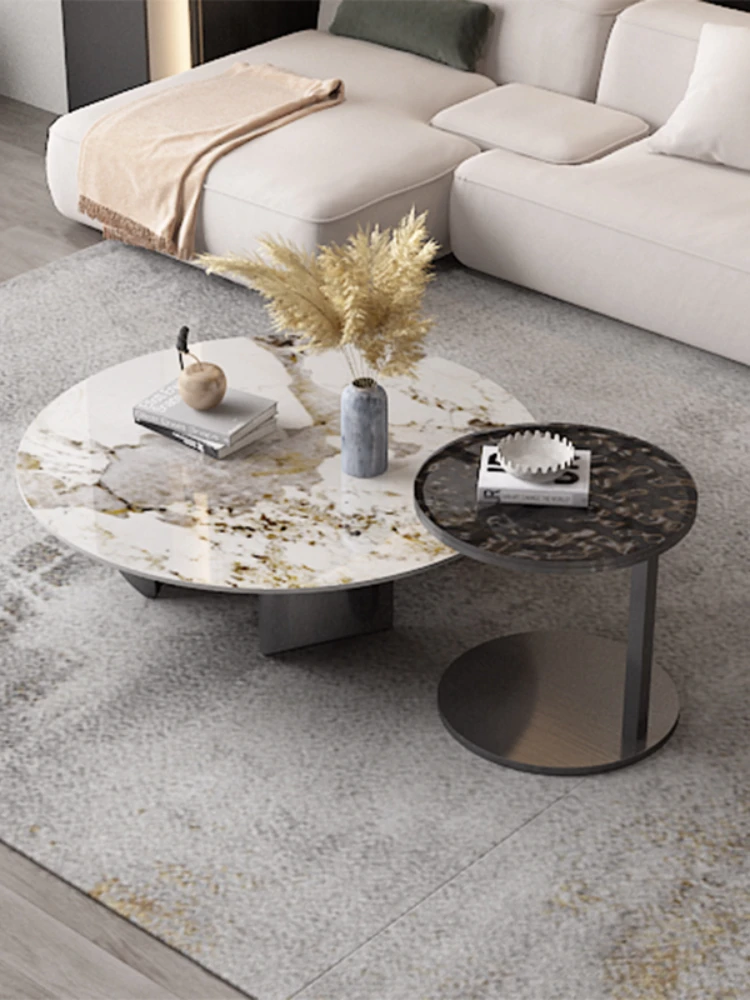 Minimalist Luxury Stone Rock Plate round Stainless Steel Pandora Coffee Table Combination High-End