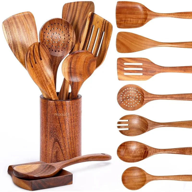 

Kitchen Utensils Set, Wooden spoons for Cooking Non-stick Pan Kitchen Tool Wooden Cooking Spoons and utensil storage barrel