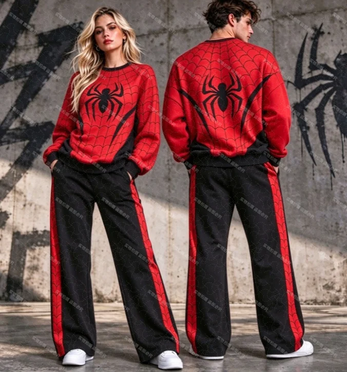 26-27 New Style Red and Black Spider Print Round Neck Sweater Side Spider Web Wide Leg Pants 2-piece Set Family Matching