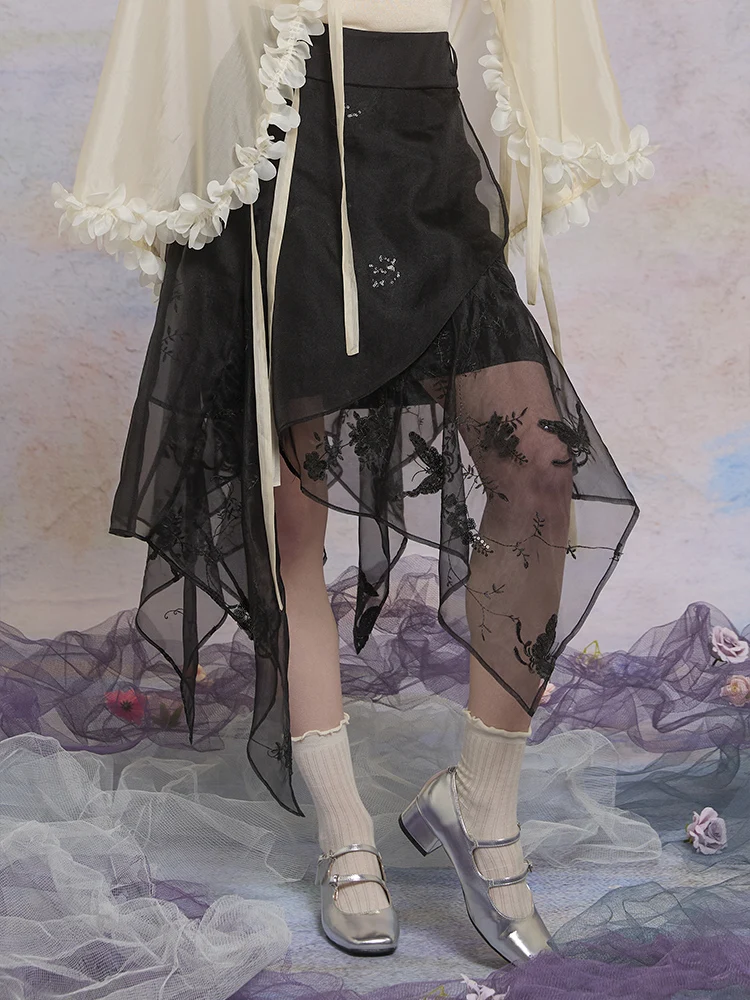 

High Waist A-Line Midi Skirt Women's Embroidery Slimming Panel Design Chinese Sle Loose Fit mid Summer Season Pure Color