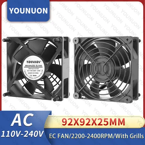 YOUNUON Dual Ball  92mm 9225 EC Brushless Fan AC 110V 115V 120V 220V 240V Axial Fan 92mm x 92mm x 25mm Comes with Srews/Grill