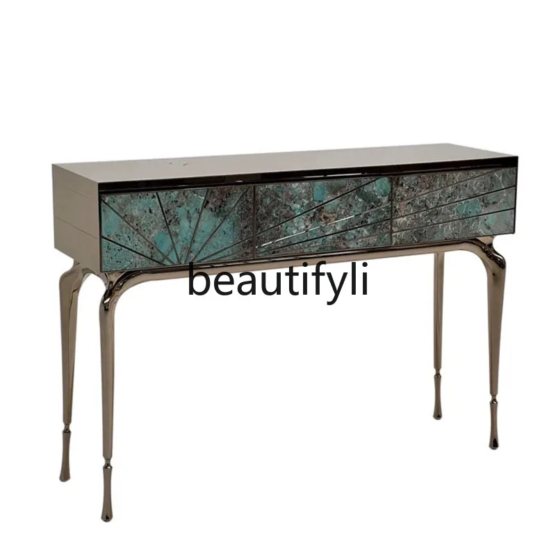 Stainless steel natural agate entrance cabinet Italian minimalist luxury entrance table Villa entrance wall partition