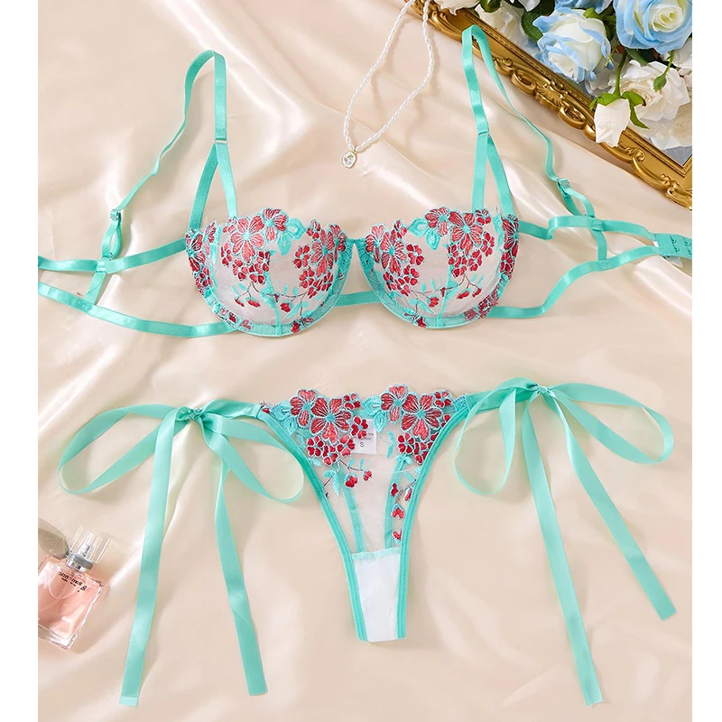 

Sweet Lingerie for Ladies Mint Green Mesh Underwear Transparent Bra Panty Set Erotic Intimate Floral Embroidery Sexy Lingerie