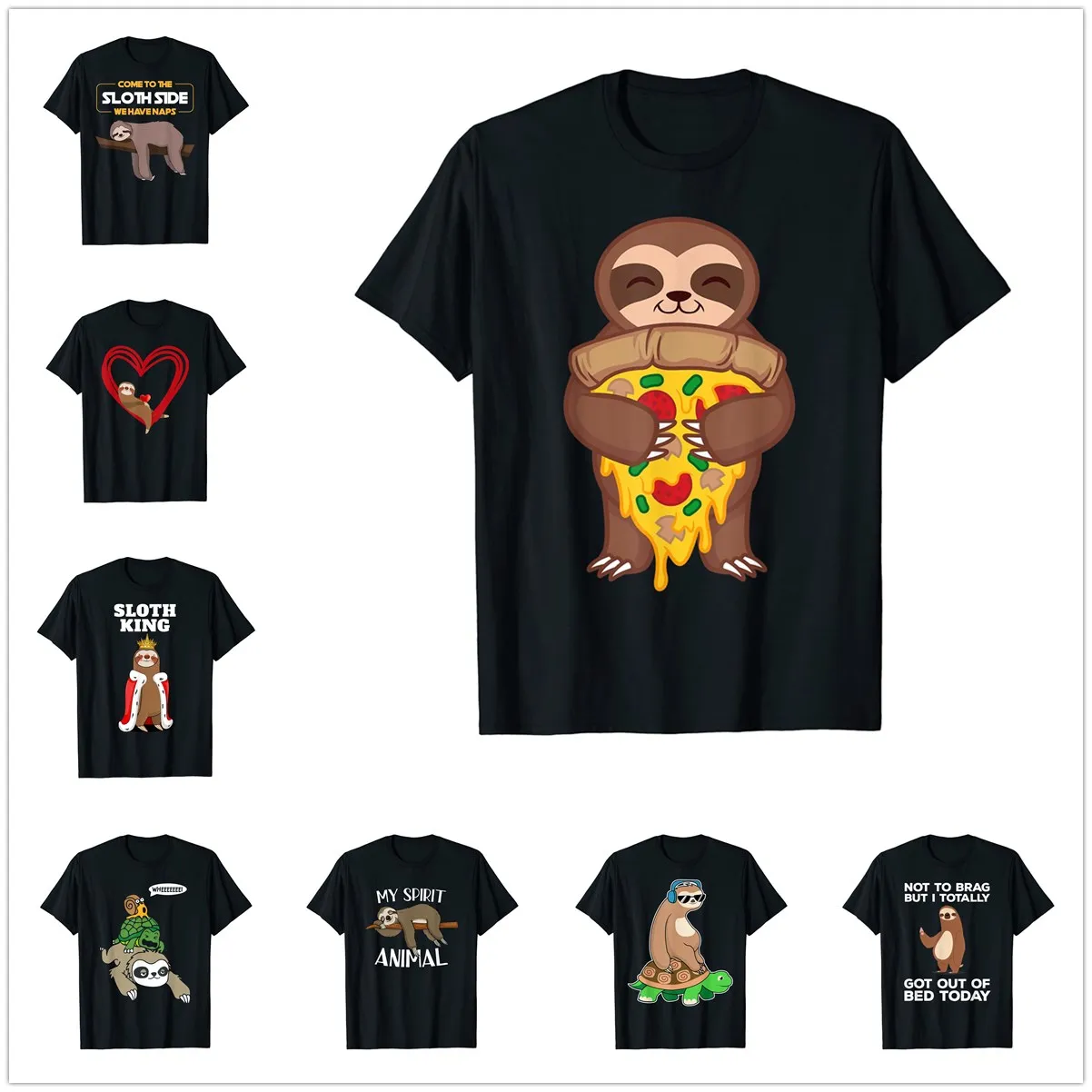 100% Cotton Sloth Holding Pepperoni Pizza Funny Foodie T-shirts Animal Lover Gift Men Women Hip Hop T Shirts Size XS-5XL