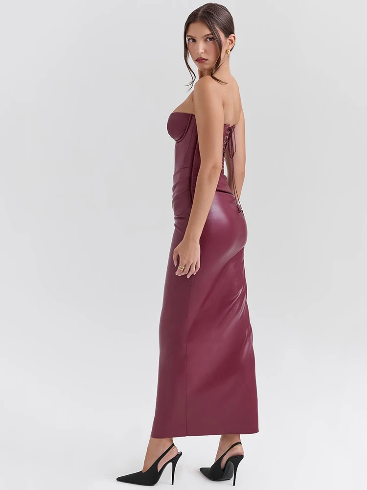 Mozision Wine Red Strapless Sexy PU Leather Maxi Dress Women Fashion Off-shoulder Backless Lace-up Bodycon Club Party Long Dress