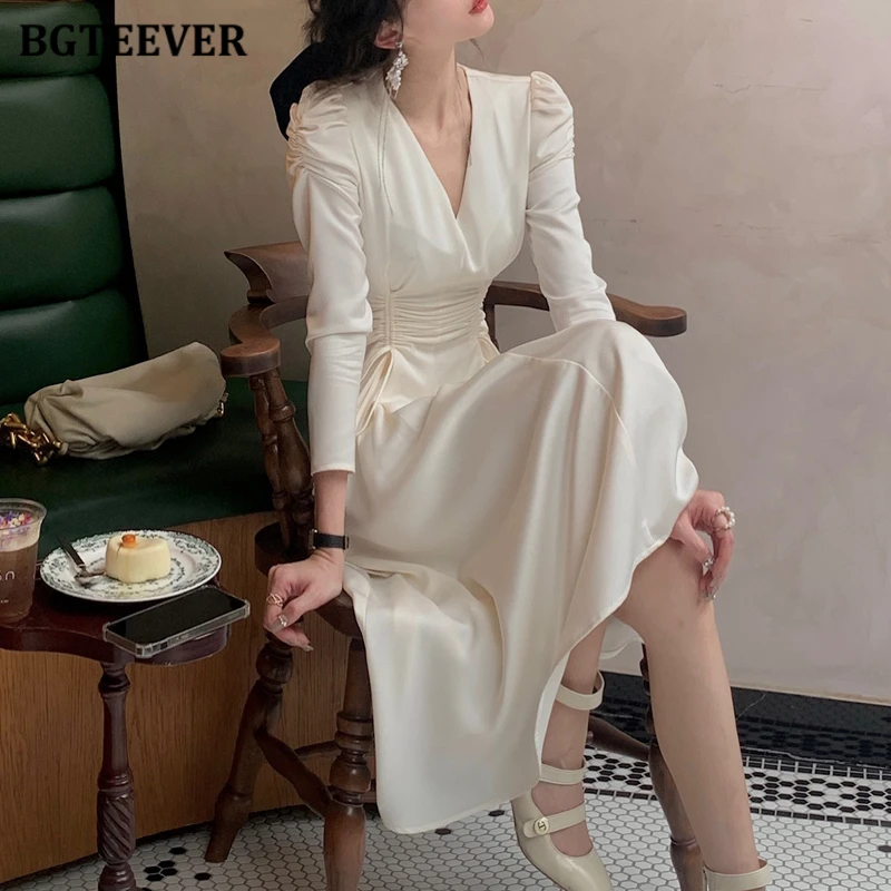 Bgteever primavera com decote em v fino rendas feminino a linha vestido elegante manga longa ruch cintura feminino vestido de comprimento médio