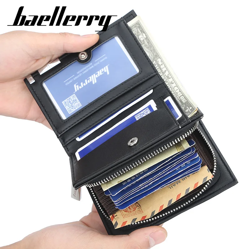 Baellerry Men's Short Wallet Card Clips Zipper Slim Blocking Multi-Card Slots PU Leather Large Capacity Wallets for Men