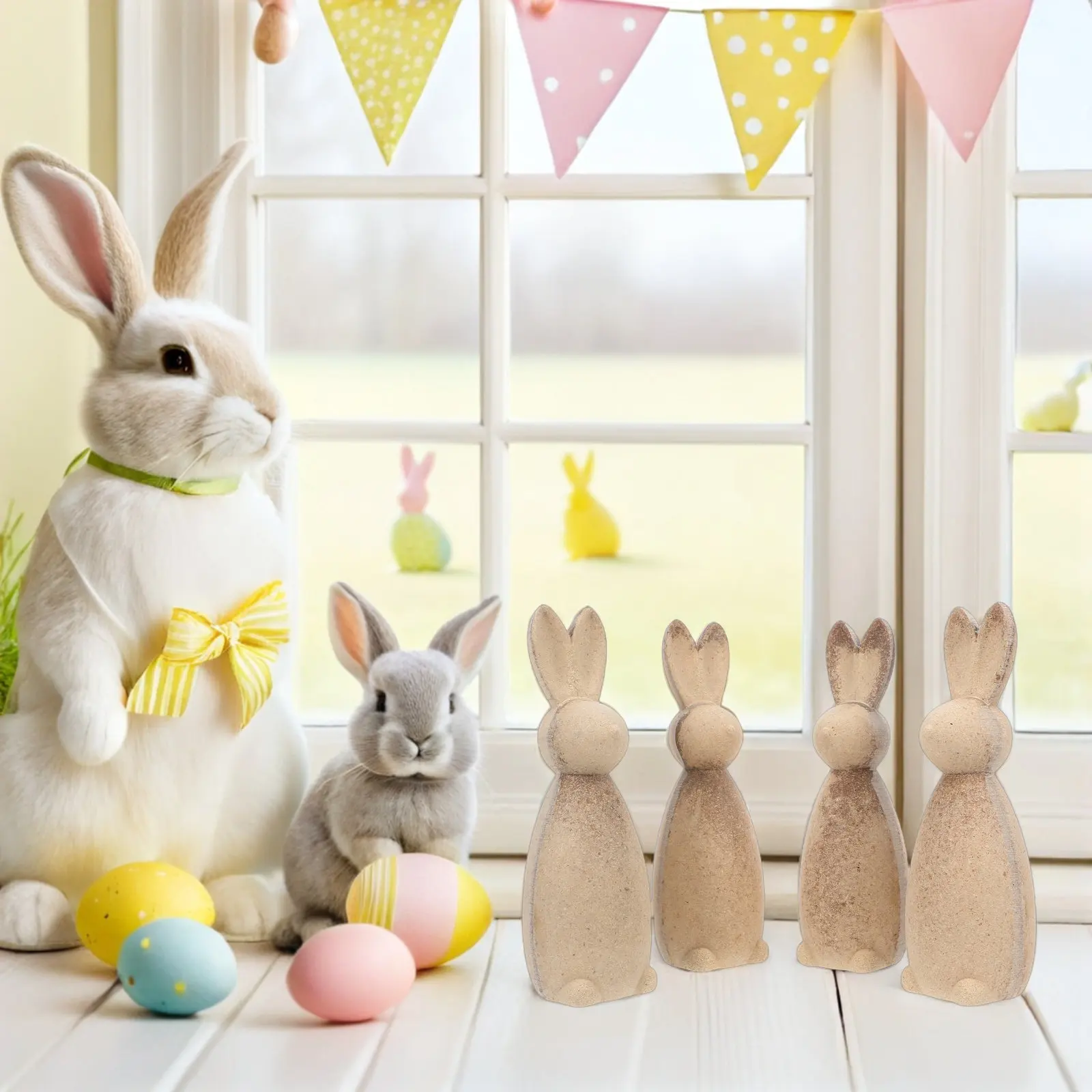 4Pcs Unfinished Wooden Bunny Sculptures Natural Wood Peg Figures DIY Easter Bunny Decor Tabletop Craft for Family Holiday