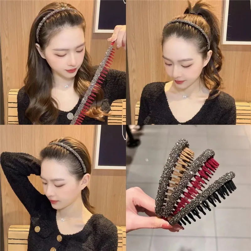 3pcs Fashion Rhinestone Flocking Bezel Hair Hoops for Women Ladies Solid Color Toothed Non-Slip Headband Hair Band Accessories