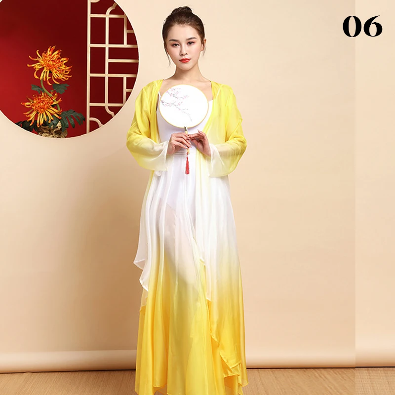 Chinese Folk Dance Long Tops Fairy Elegant Gradient Chiffon Cardigan Hanfu Women Classical Dance Practice Performance Costume