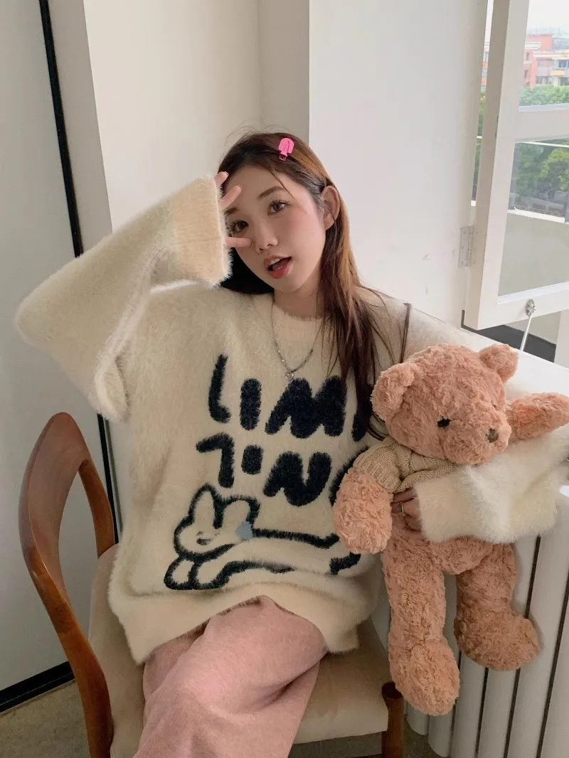 

Soft Rabbit Fur Mink Sweater Women's Winter Korean Sle Lazy Gentle Mid-Length Knitted Top Comfortable Long Sve round Ne