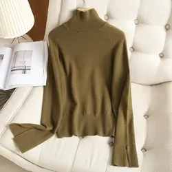 Maxdutti England Style Simple Solid Sweaters Women Turtleneck Wool Knitwear Casual  Pullovers Tops