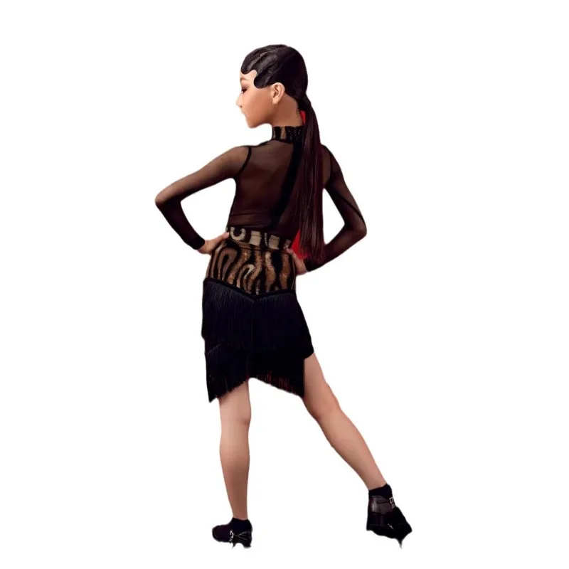 فستان رقص لاتيني مخصص للفتيات، نمط الفهد، ياقة عالية وأكمام طويلة، تنورة مقسمة